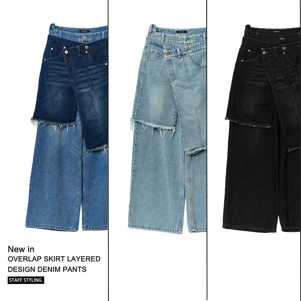 " OVERLAP SKIRT LAYERED DESIGN DENIM PANTS "