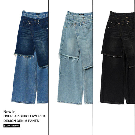 " OVERLAP SKIRT LAYERED DESIGN DENIM PANTS "