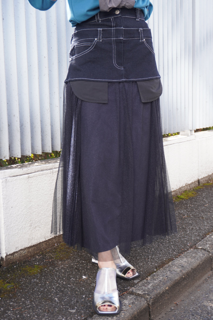 DENIM PLEATS LAYERED SKIRT — aulaaila