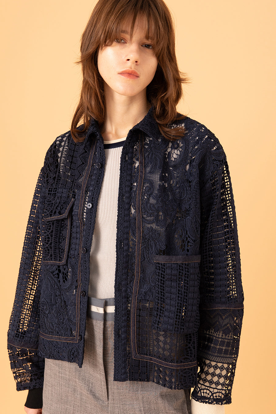 送料無料 いくらから DENIM COMBINATION LACE SHIRT — aulaaila ブルゾン