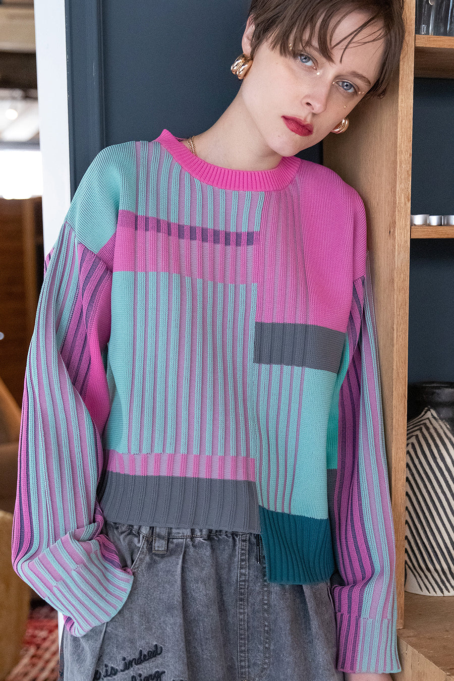 WEB限定】COLOR BLOCK KNIT PULLOVER — aulaaila WEB限定】COLOR BLOCK KNIT PULLOVER — aulaaila