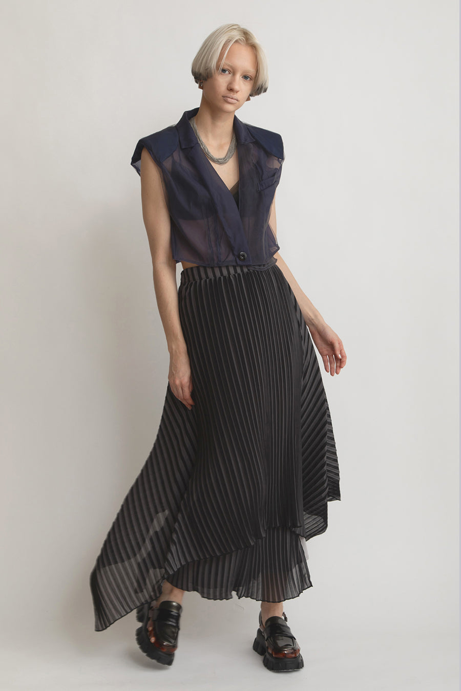 Stripe Print PLEATS Skirt 19 Black×Gray / 0