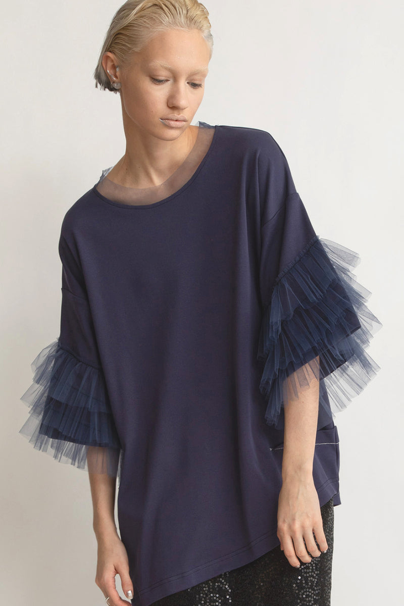 TULLE FRILL SLEEVE T-SHIRT